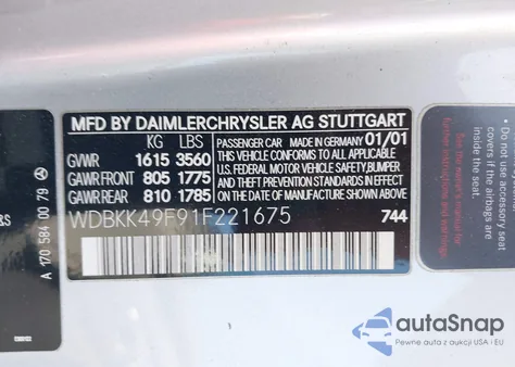 2001 Mercedes-Benz Slk 230 Kompressor z USA, uszkodzony, nr VIN WDBKK49F91F221675